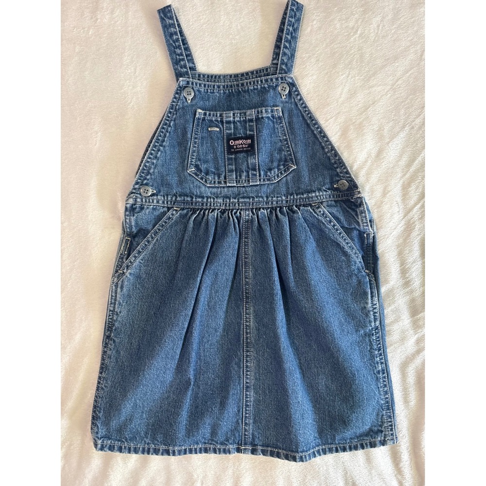 Vintage OshKosh Bgosh Girls Blue Denim Overall Jumper Dress Size 5 922-7004